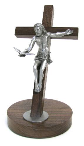 Crucifix Standing Gift of the Spirit 8 inch Oak Silver Corpus