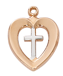 Cross Necklace Heart 1/2 inch Sterling Silver Rose Gold Two Tone