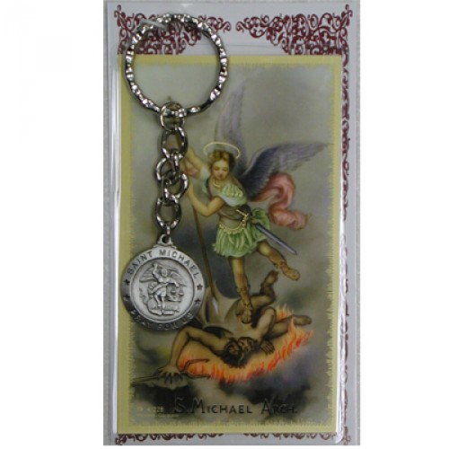 Keychain St. Michael Archangel Medal Pewter Silver Card