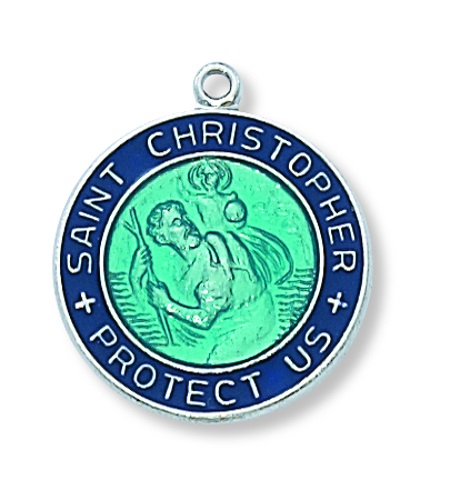 Saint Medal Necklace St. Christopher 3/4 inch Sterl Silver Blue