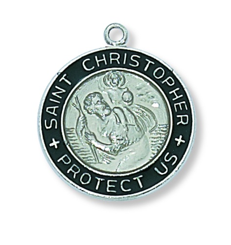 Saint Medal Necklace St. Christopher 3/4 inch Sterl Silver Black