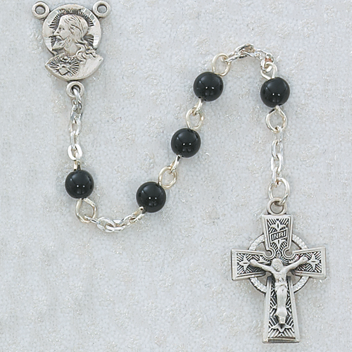 Rosary Baptism Sacred Heart Celtic Pewt Silver Black Glass Beads