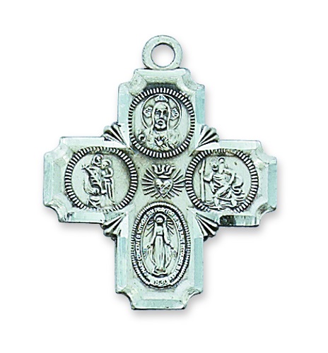 Four Way Medal Necklace Cross 1 inch Sterling Silver