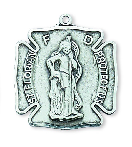 Shield Medal Necklace St. Florian Firefighter 1.25 in Str Silver