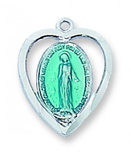 Miraculous Medal Heart 1/2 inch Sterling Silver Enameled