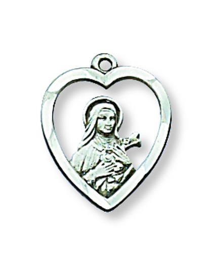 Saint Medal St. Therese Lisieux Heart 1/2 inch Sterling Silver