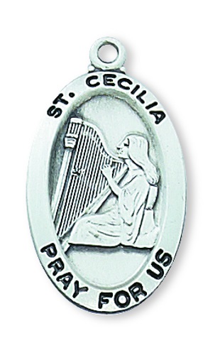 Saint Medal Necklace St. Cecilia 7/8 inch Sterling Silver