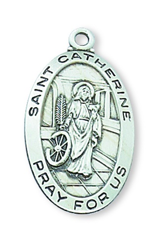 Saint Medal Necklace St. Catherine Alexandria 7/8 in Ster Silver