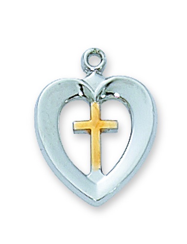 Cross Necklace Heart 1/2 inch Sterling Silver Tutone