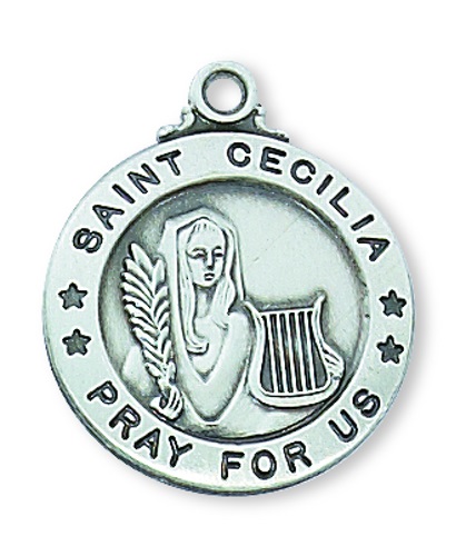 Saint Medal Necklace St. Cecilia 3/4 inch Sterling Silver