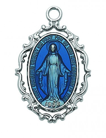 Miraculous Medal Necklace 7/8 inch Sterling Silver Enameled