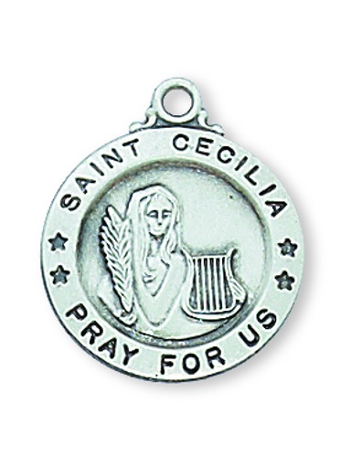 Saint Medal Necklace St. Cecilia 5/8 inch Sterling Silver
