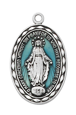 Miraculous Medal Necklace 3/4 inch Sterling Silver Enam Blue