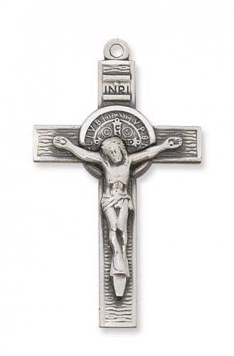 Crucifix Necklace St. Benedict Medal 1.75 inch Sterling Silver