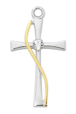 Cross Necklace With Crystal 1 inch Sterling Gold Two Tone