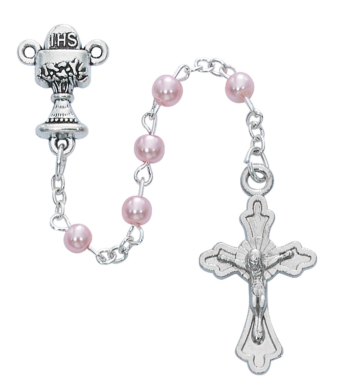 Pink Pearl Communion Rosary with Cross