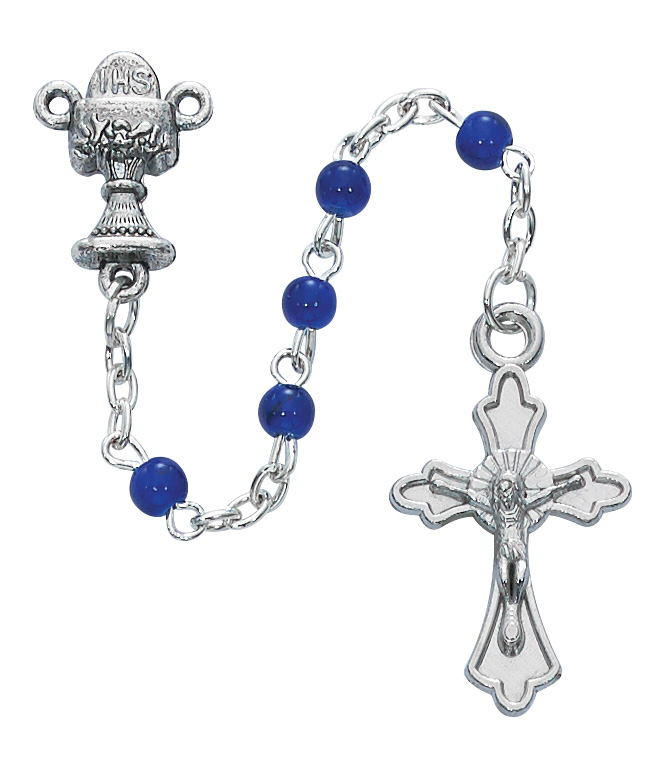 Blue Glass Communion Rosary with Cross