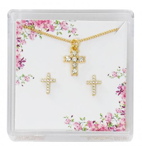 First Communion Jewelry Set Crystal Cross Gold