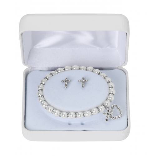 First Communion Jewelry Set White Pearl and Crystal