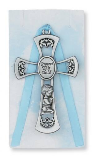Crib Medal Cross Pewter Protect This Child Boy