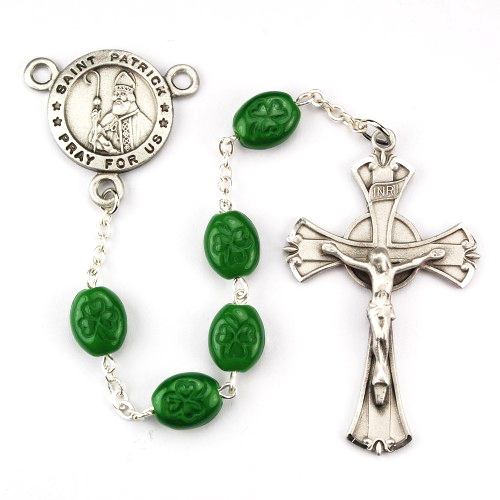 Rosary St. Patrick Medal Pewter Silver Green Shamrock Beads