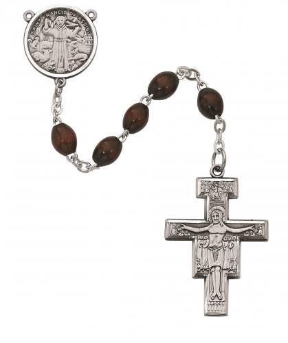 Rosary St. Francis Assisi Medal Sterling Silver Brown Wood Beads