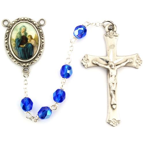 Rosary St. Anne Pewter Silver Blue Crystal Beads