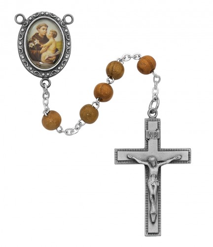 Rosary St. Anthony Padua Pewter Silver Olive Wood Beads