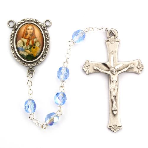 Rosary St. Dymphna Pewter Silver Blue Crystal Beads