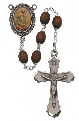 Rosary St. Michael Archangel Pewter Silver Brown Wood Beads