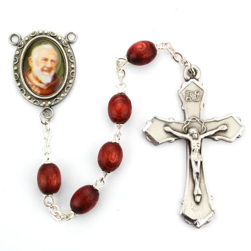 Rosary St. Padre Pio Pewter Silver Brown Wood Beads