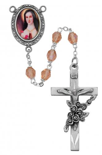 Rosary St. Therese Lisieux Pewter Silver Pink Crystal Beads