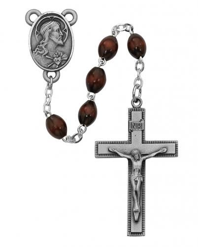 Rosary Sacred Heart Medal Pewter Silver Brown Wood Beads