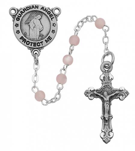 Rosary Baptism Guardian Angel Medal Pewt Silver Pink Glass Beads