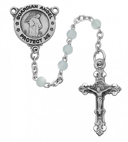 Rosary Baptism Guardian Angel Medal Pewt Silver Blue Glass Beads