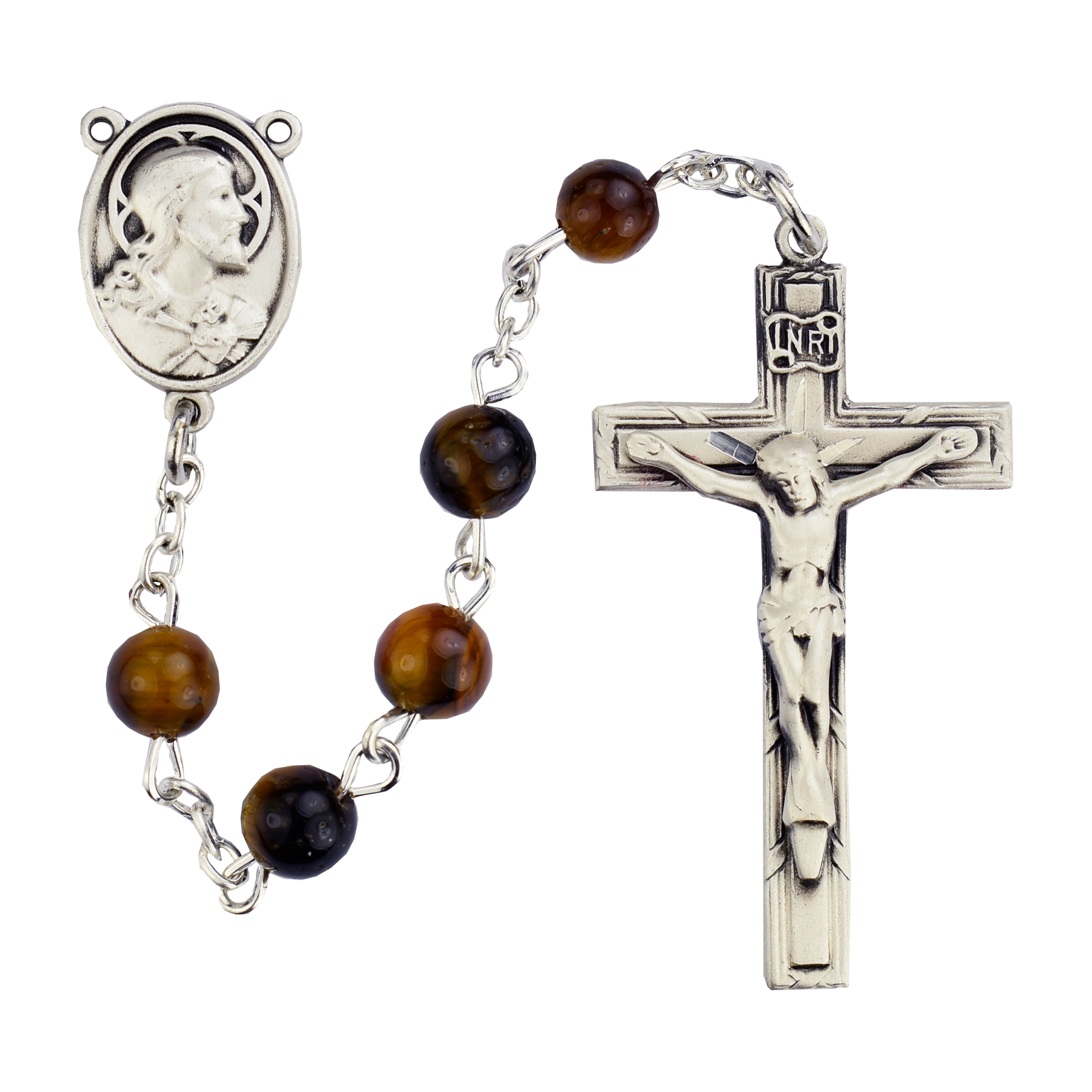 Brown Oval Wood Rosary Sterling Silver