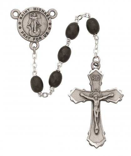 Rosary St. Michael Archangel Medal Pewter Black Wood Beads