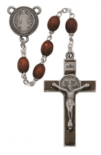 Rosary St. Benedict Medal Pewter Enameled Brown Wood Beads