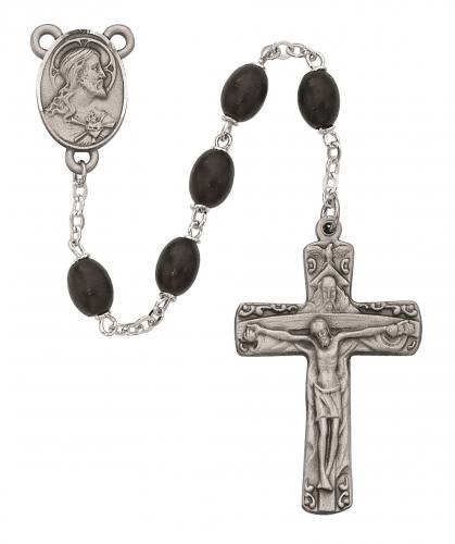Rosary Sacred Heart Medal Trinity Pewter Silver Black Wood Beads
