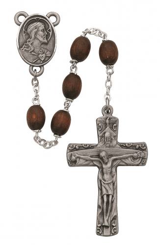Rosary Sacred Heart Medal Trinity Pewter Silver Brown Wood Beads