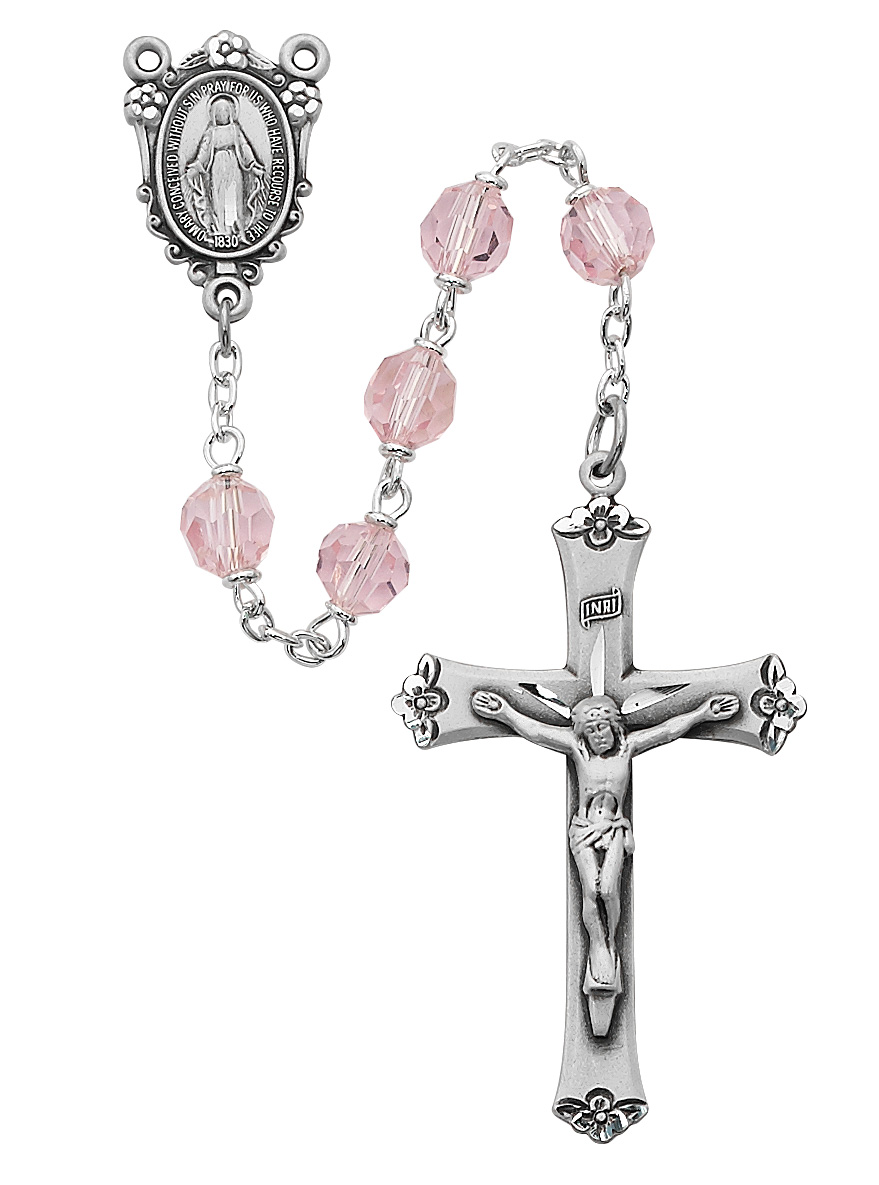 Pink Tin Cut Crystal Rosary Sterling Silver