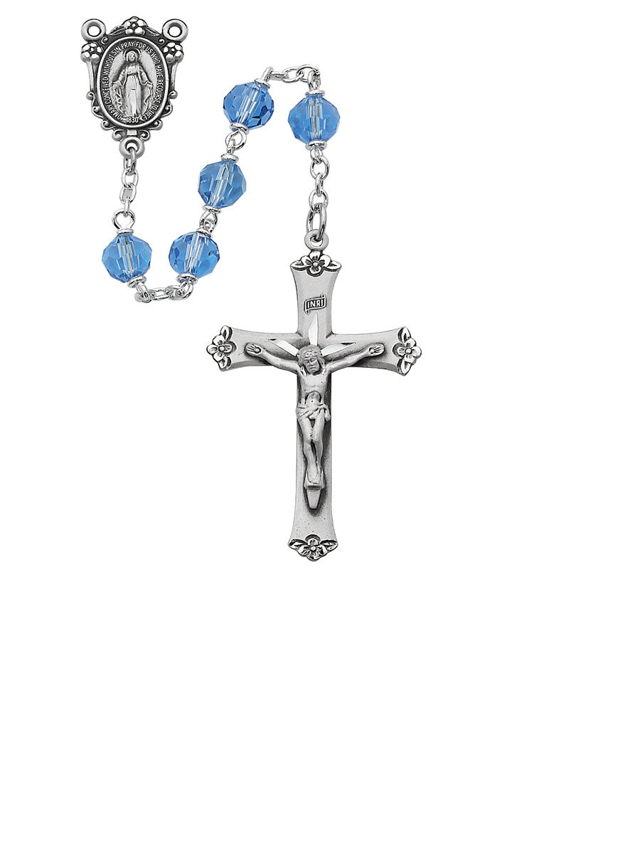 Blue Tin Cut Crystal Rosary Sterling Silver