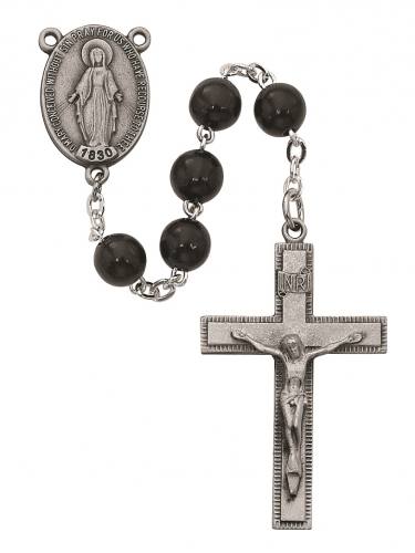 Rosary Miraculous Medal Pewter Silver Black Wood Beads