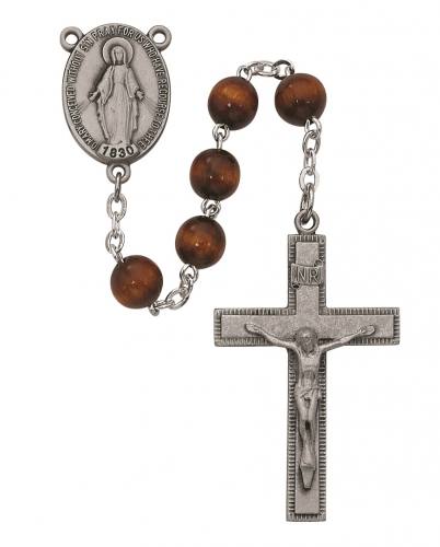 Rosary Miraculous Medal Sterling Silver Brown Wood Beads