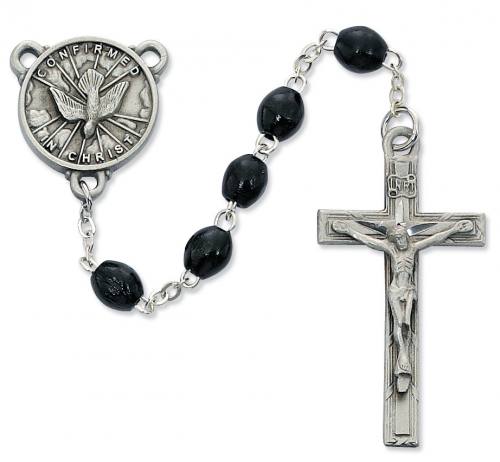Rosary Confirmation Medal Pewter Silver Black Wood Beads