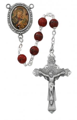 Rosary Mary Our Lady Perpetual Help Pewt Silver Red Marble Beads