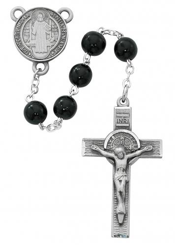 Rosary St. Benedict Medal Pewter Silver Black Wood Beads