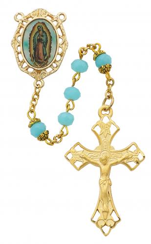 Rosary Mary Our Lady Guadalupe Pewter Gold Aqua Crystal Beads