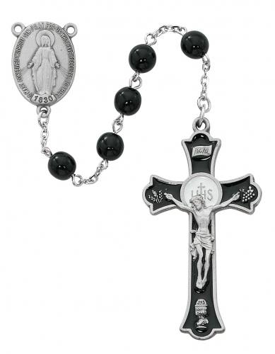 Rosary Miraculous Medal Holy Mass Pewt Silver Black Glass Beads