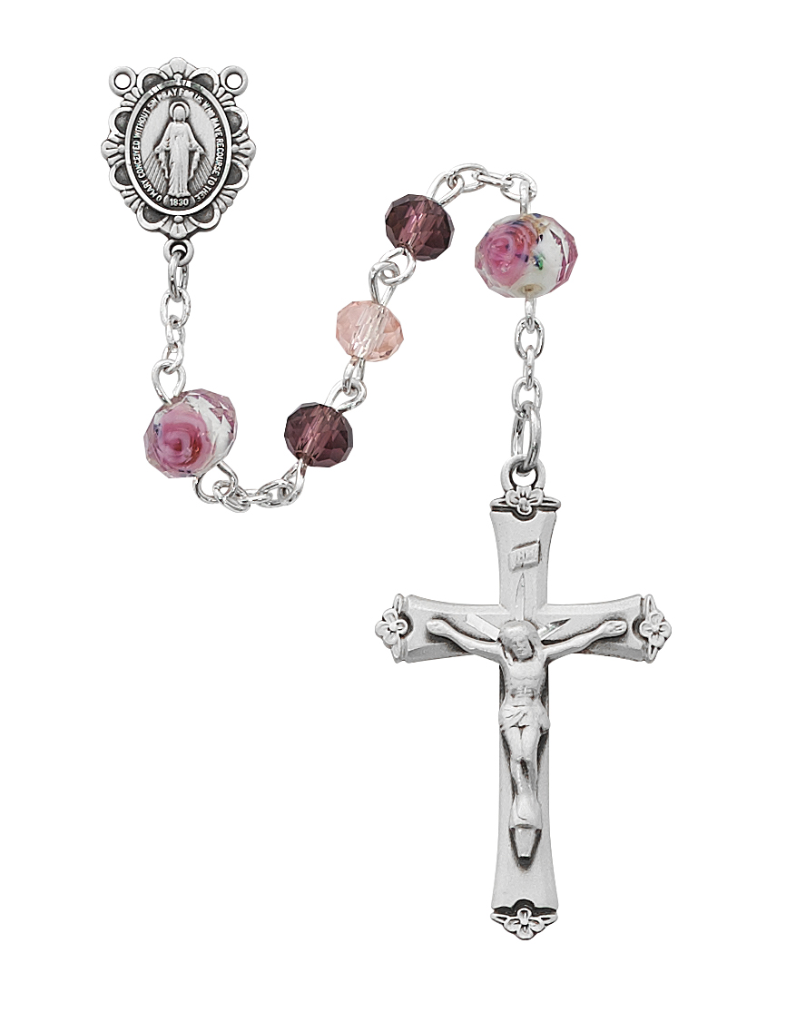 Pink Multi Tin Cut Crystal Rosary Sterling Silver